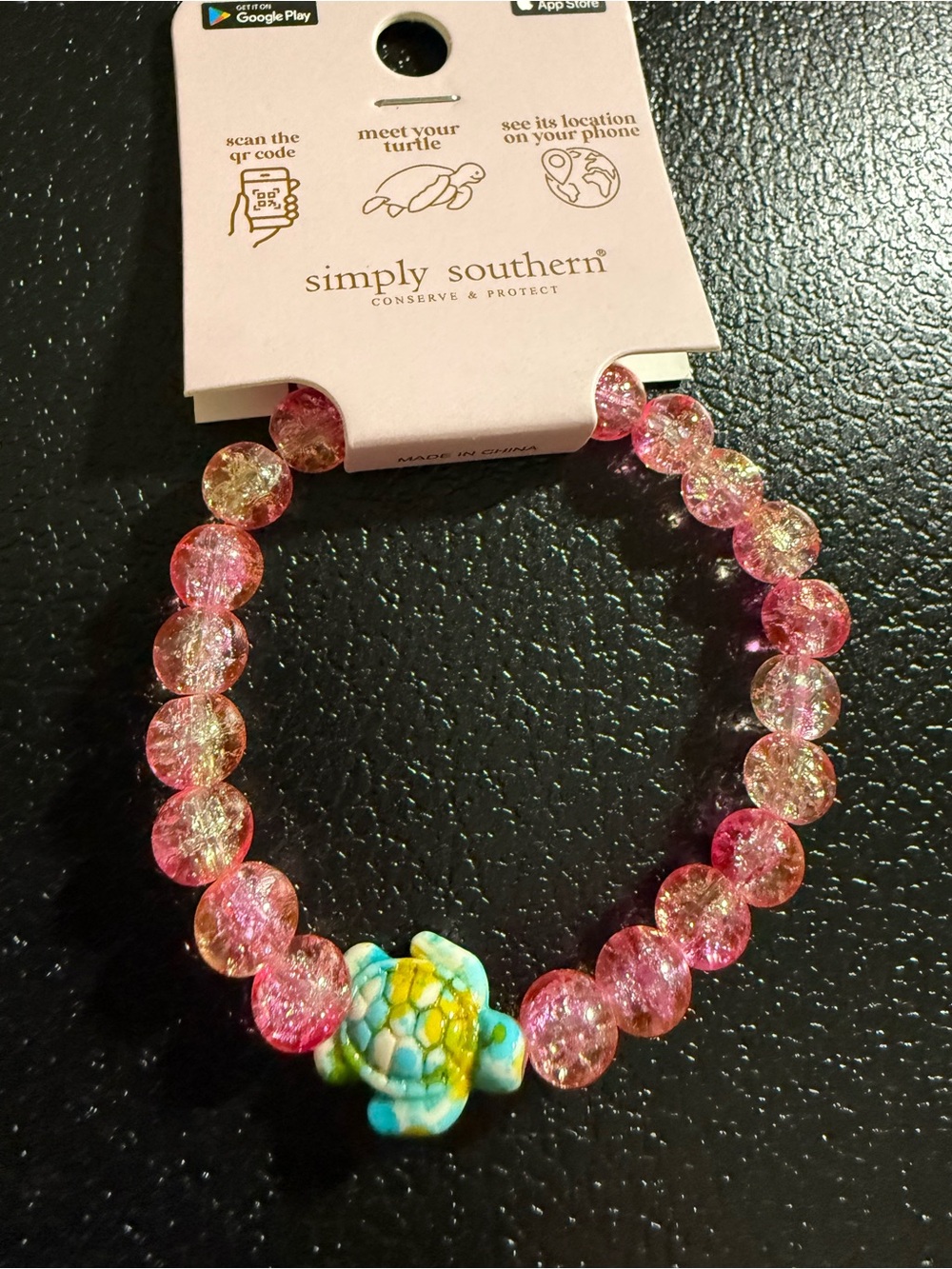 Simply Southern Pink Crackle Bead Bracelet with Colorful Turtle Charm